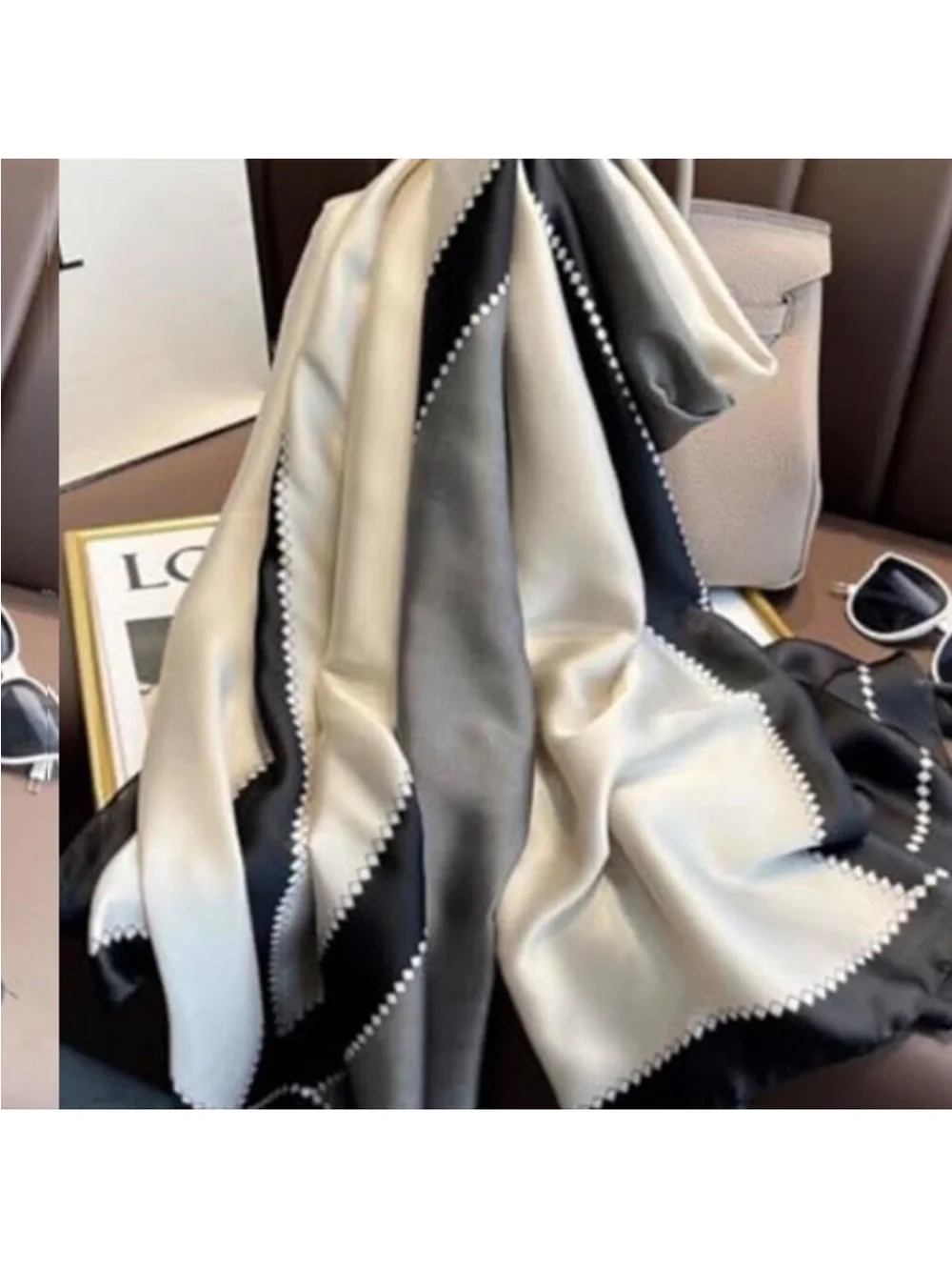 Elegant Silky Black & White Scarf Shawl Lightweight Floral Satin Scarf Trendy